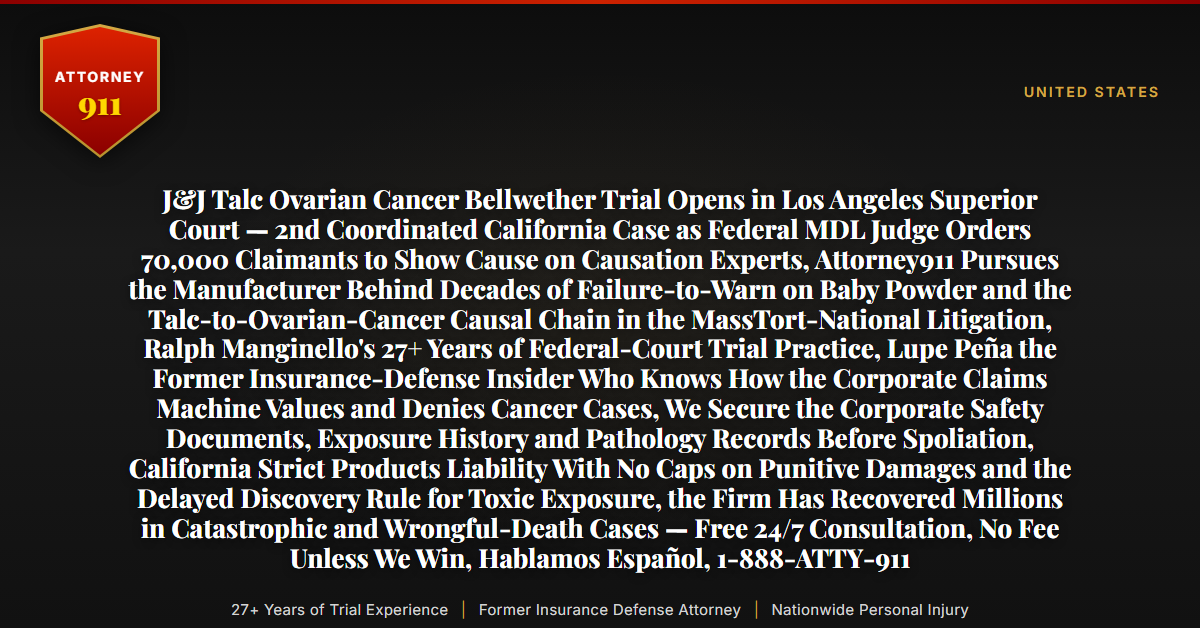 J&J Talc Ovarian Cancer Bellwether Trial Opens in Los Angeles Superior Court — 2nd Coordinated California Case as Federal MDL Judge Orders 70,000 Claimants to Show Cause on Causation Experts, Attorney911 Pursues the Manufacturer Behind Decades of Failure-to-Warn on Baby Powder and the Talc-to-Ovarian-Cancer Causal Chain in the MassTort-National Litigation, Ralph Manginello's 27+ Years of Federal-Court Trial Practice, Lupe Peña the Former Insurance-Defense Insider Who Knows How the Corporate Claims Machine Values and Denies Cancer Cases, We Secure the Corporate Safety Documents, Exposure History and Pathology Records Before Spoliation, California Strict Products Liability With No Caps on Punitive Damages and the Delayed Discovery Rule for Toxic Exposure, the Firm Has Recovered Millions in Catastrophic and Wrongful-Death Cases — Free 24/7 Consultation, No Fee Unless We Win, Hablamos Español, 1-888-ATTY-911 - Attorney911