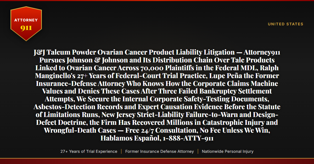 J&J Talcum Powder Ovarian Cancer Product Liability Litigation — Attorney911 Pursues Johnson & Johnson and Its Distribution Chain Over Talc Products Linked to Ovarian Cancer Across 70,000 Plaintiffs in the Federal MDL, Ralph Manginello's 27+ Years of Federal-Court Trial Practice, Lupe Peña the Former Insurance-Defense Attorney Who Knows How the Corporate Claims Machine Values and Denies These Cases After Three Failed Bankruptcy Settlement Attempts, We Secure the Internal Corporate Safety-Testing Documents, Asbestos-Detection Records and Expert Causation Evidence Before the Statute of Limitations Runs, New Jersey Strict-Liability Failure-to-Warn and Design-Defect Doctrine, the Firm Has Recovered Millions in Catastrophic Injury and Wrongful-Death Cases — Free 24/7 Consultation, No Fee Unless We Win, Hablamos Español, 1-888-ATTY-911 - Attorney911
