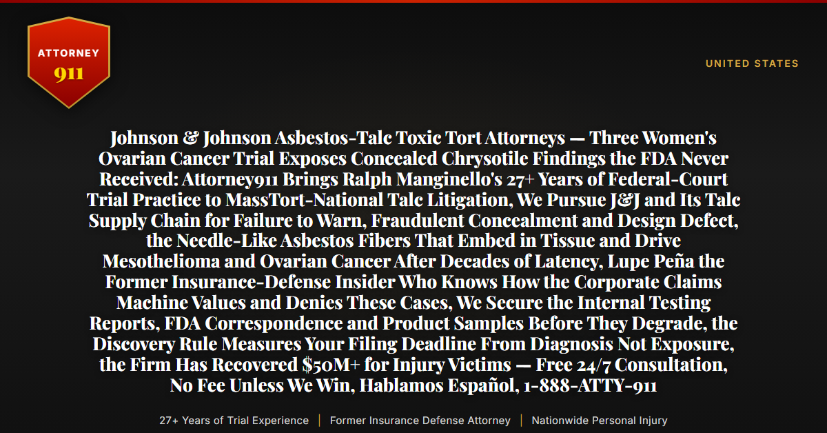 Johnson & Johnson Asbestos-Talc Toxic Tort Attorneys — Three Women's Ovarian Cancer Trial Exposes Concealed Chrysotile Findings the FDA Never Received: Attorney911 Brings Ralph Manginello's 27+ Years of Federal-Court Trial Practice to MassTort-National Talc Litigation, We Pursue J&J and Its Talc Supply Chain for Failure to Warn, Fraudulent Concealment and Design Defect, the Needle-Like Asbestos Fibers That Embed in Tissue and Drive Mesothelioma and Ovarian Cancer After Decades of Latency, Lupe Peña the Former Insurance-Defense Insider Who Knows How the Corporate Claims Machine Values and Denies These Cases, We Secure the Internal Testing Reports, FDA Correspondence and Product Samples Before They Degrade, the Discovery Rule Measures Your Filing Deadline From Diagnosis Not Exposure, the Firm Has Recovered $50M+ for Injury Victims — Free 24/7 Consultation, No Fee Unless We Win, Hablamos Español, 1-888-ATTY-911 - Attorney911