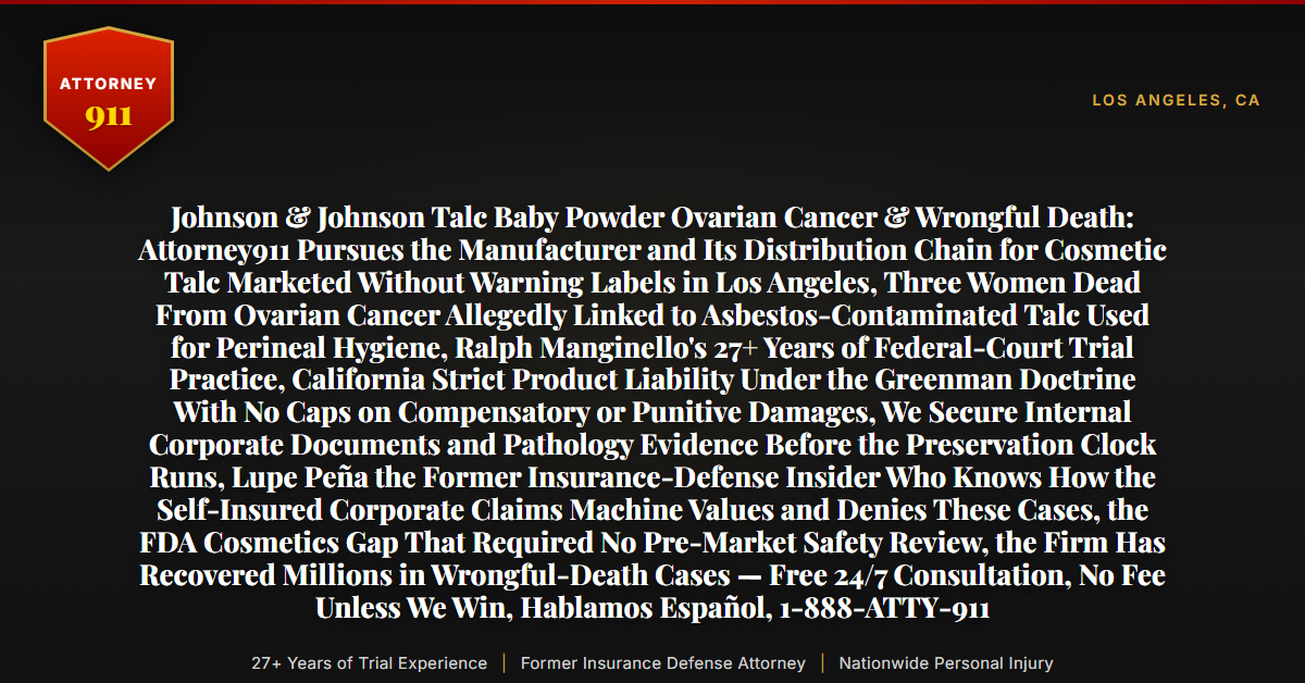 Johnson & Johnson Talc Baby Powder Ovarian Cancer & Wrongful Death: Attorney911 Pursues the Manufacturer and Its Distribution Chain for Cosmetic Talc Marketed Without Warning Labels in Los Angeles, Three Women Dead From Ovarian Cancer Allegedly Linked to Asbestos-Contaminated Talc Used for Perineal Hygiene, Ralph Manginello's 27+ Years of Federal-Court Trial Practice, California Strict Product Liability Under the Greenman Doctrine With No Caps on Compensatory or Punitive Damages, We Secure Internal Corporate Documents and Pathology Evidence Before the Preservation Clock Runs, Lupe Peña the Former Insurance-Defense Insider Who Knows How the Self-Insured Corporate Claims Machine Values and Denies These Cases, the FDA Cosmetics Gap That Required No Pre-Market Safety Review, the Firm Has Recovered Millions in Wrongful-Death Cases — Free 24/7 Consultation, No Fee Unless We Win, Hablamos Español, 1-888-ATTY-911 - Attorney911