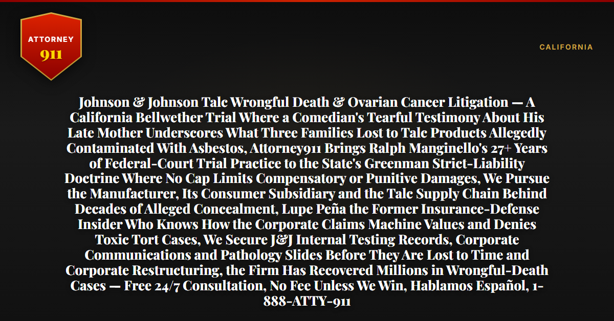 Johnson & Johnson Talc Wrongful Death & Ovarian Cancer Litigation — A California Bellwether Trial Where a Comedian's Tearful Testimony About His Late Mother Underscores What Three Families Lost to Talc Products Allegedly Contaminated With Asbestos, Attorney911 Brings Ralph Manginello's 27+ Years of Federal-Court Trial Practice to the State's Greenman Strict-Liability Doctrine Where No Cap Limits Compensatory or Punitive Damages, We Pursue the Manufacturer, Its Consumer Subsidiary and the Talc Supply Chain Behind Decades of Alleged Concealment, Lupe Peña the Former Insurance-Defense Insider Who Knows How the Corporate Claims Machine Values and Denies Toxic Tort Cases, We Secure J&J Internal Testing Records, Corporate Communications and Pathology Slides Before They Are Lost to Time and Corporate Restructuring, the Firm Has Recovered Millions in Wrongful-Death Cases — Free 24/7 Consultation, No Fee Unless We Win, Hablamos Español, 1-888-ATTY-911 - Attorney911