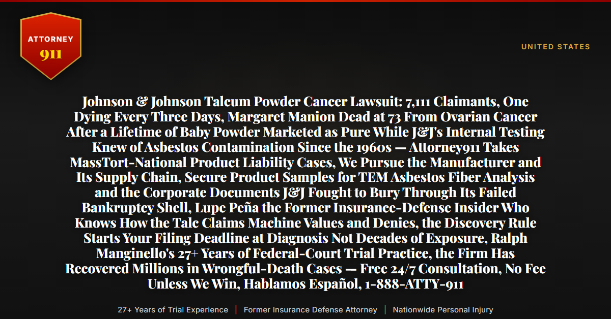 Johnson & Johnson Talcum Powder Cancer Lawsuit: 7,111 Claimants, One Dying Every Three Days, Margaret Manion Dead at 73 From Ovarian Cancer After a Lifetime of Baby Powder Marketed as Pure While J&J's Internal Testing Knew of Asbestos Contamination Since the 1960s — Attorney911 Takes MassTort-National Product Liability Cases, We Pursue the Manufacturer and Its Supply Chain, Secure Product Samples for TEM Asbestos Fiber Analysis and the Corporate Documents J&J Fought to Bury Through Its Failed Bankruptcy Shell, Lupe Peña the Former Insurance-Defense Insider Who Knows How the Talc Claims Machine Values and Denies, the Discovery Rule Starts Your Filing Deadline at Diagnosis Not Decades of Exposure, Ralph Manginello's 27+ Years of Federal-Court Trial Practice, the Firm Has Recovered Millions in Wrongful-Death Cases — Free 24/7 Consultation, No Fee Unless We Win, Hablamos Español, 1-888-ATTY-911 - Attorney911