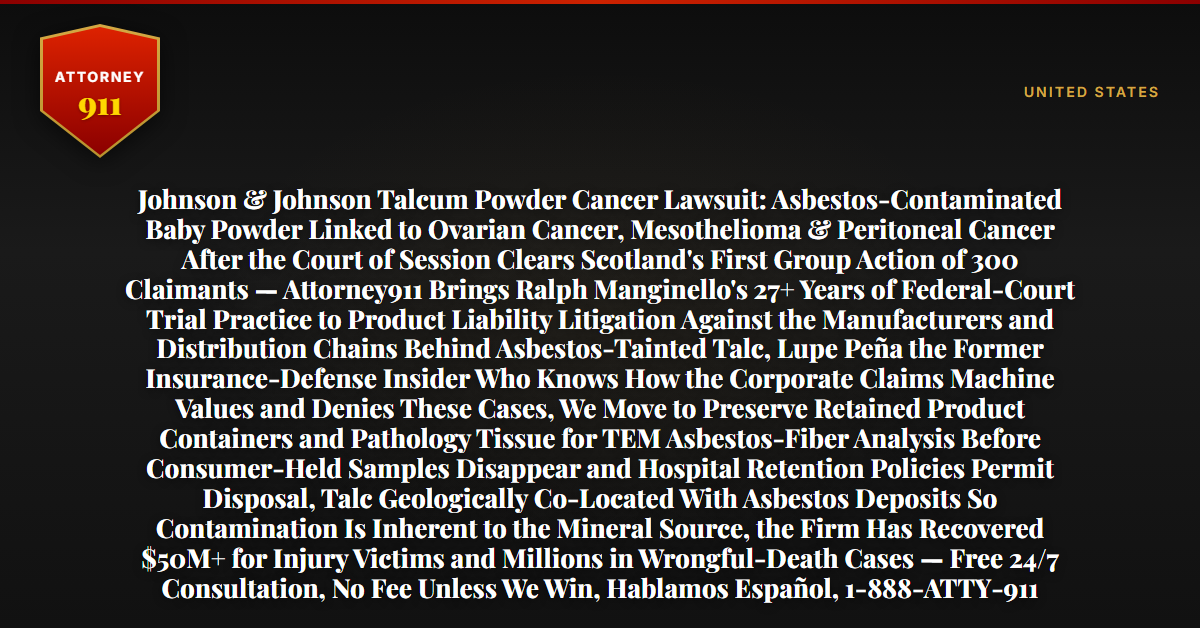 Johnson & Johnson Talcum Powder Cancer Lawsuit: Asbestos-Contaminated Baby Powder Linked to Ovarian Cancer, Mesothelioma & Peritoneal Cancer After the Court of Session Clears Scotland's First Group Action of 300 Claimants — Attorney911 Brings Ralph Manginello's 27+ Years of Federal-Court Trial Practice to Product Liability Litigation Against the Manufacturers and Distribution Chains Behind Asbestos-Tainted Talc, Lupe Peña the Former Insurance-Defense Insider Who Knows How the Corporate Claims Machine Values and Denies These Cases, We Move to Preserve Retained Product Containers and Pathology Tissue for TEM Asbestos-Fiber Analysis Before Consumer-Held Samples Disappear and Hospital Retention Policies Permit Disposal, Talc Geologically Co-Located With Asbestos Deposits So Contamination Is Inherent to the Mineral Source, the Firm Has Recovered $50M+ for Injury Victims and Millions in Wrongful-Death Cases — Free 24/7 Consultation, No Fee Unless We Win, Hablamos Español, 1-888-ATTY-911 - Attorney911