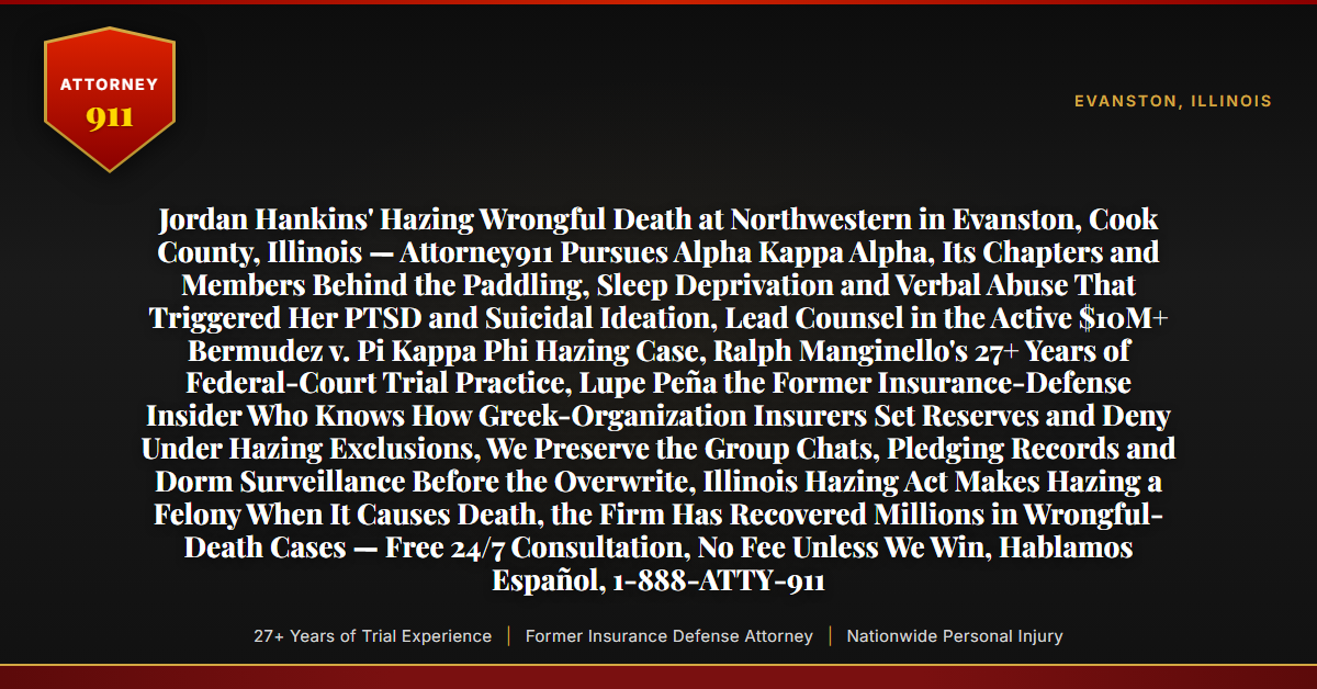 Jordan Hankins' Hazing Wrongful Death at Northwestern in Evanston, Cook County, Illinois — Attorney911 Pursues Alpha Kappa Alpha, Its Chapters and Members Behind the Paddling, Sleep Deprivation and Verbal Abuse That Triggered Her PTSD and Suicidal Ideation, Lead Counsel in the Active $10M+ Bermudez v. Pi Kappa Phi Hazing Case, Ralph Manginello's 27+ Years of Federal-Court Trial Practice, Lupe Peña the Former Insurance-Defense Insider Who Knows How Greek-Organization Insurers Set Reserves and Deny Under Hazing Exclusions, We Preserve the Group Chats, Pledging Records and Dorm Surveillance Before the Overwrite, Illinois Hazing Act Makes Hazing a Felony When It Causes Death, the Firm Has Recovered Millions in Wrongful-Death Cases — Free 24/7 Consultation, No Fee Unless We Win, Hablamos Español, 1-888-ATTY-911 - Attorney911