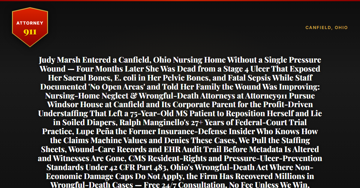 Judy Marsh Entered a Canfield, Ohio Nursing Home Without a Single Pressure Wound — Four Months Later She Was Dead from a Stage 4 Ulcer That Exposed Her Sacral Bones, E. coli in Her Pelvic Bones, and Fatal Sepsis While Staff Documented 'No Open Areas' and Told Her Family the Wound Was Improving: Nursing-Home Neglect & Wrongful-Death Attorneys at Attorney911 Pursue Windsor House at Canfield and Its Corporate Parent for the Profit-Driven Understaffing That Left a 75-Year-Old MS Patient to Reposition Herself and Lie in Soiled Diapers, Ralph Manginello's 27+ Years of Federal-Court Trial Practice, Lupe Peña the Former Insurance-Defense Insider Who Knows How the Claims Machine Values and Denies These Cases, We Pull the Staffing Sheets, Wound-Care Records and EHR Audit Trail Before Metadata Is Altered and Witnesses Are Gone, CMS Resident-Rights and Pressure-Ulcer-Prevention Standards Under 42 CFR Part 483, Ohio's Wrongful-Death Act Where Non-Economic Damage Caps Do Not Apply, the Firm Has Recovered Millions in Wrongful-Death Cases — Free 24/7 Consultation, No Fee Unless We Win, Hablamos Español, 1-888-ATTY-911 - Attorney911