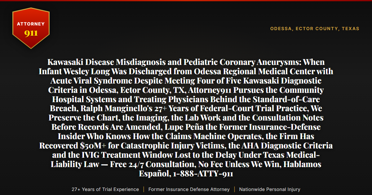 Kawasaki Disease Misdiagnosis and Pediatric Coronary Aneurysms: When Infant Wesley Long Was Discharged from Odessa Regional Medical Center with Acute Viral Syndrome Despite Meeting Four of Five Kawasaki Diagnostic Criteria in Odessa, Ector County, TX, Attorney911 Pursues the Community Hospital Systems and Treating Physicians Behind the Standard-of-Care Breach, Ralph Manginello's 27+ Years of Federal-Court Trial Practice, We Preserve the Chart, the Imaging, the Lab Work and the Consultation Notes Before Records Are Amended, Lupe Peña the Former Insurance-Defense Insider Who Knows How the Claims Machine Operates, the Firm Has Recovered $50M+ for Catastrophic Injury Victims, the AHA Diagnostic Criteria and the IVIG Treatment Window Lost to the Delay Under Texas Medical-Liability Law — Free 24/7 Consultation, No Fee Unless We Win, Hablamos Español, 1-888-ATTY-911 - Attorney911