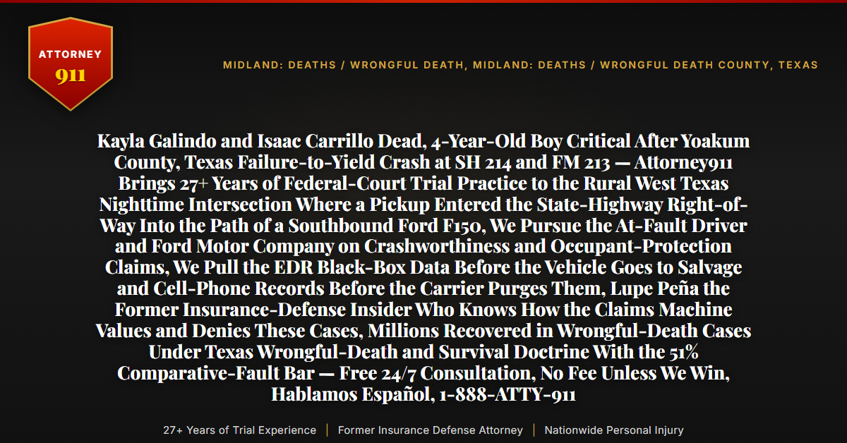 Kayla Galindo and Isaac Carrillo Dead, 4-Year-Old Boy Critical After Yoakum County, Texas Failure-to-Yield Crash at SH 214 and FM 213 — Attorney911 Brings 27+ Years of Federal-Court Trial Practice to the Rural West Texas Nighttime Intersection Where a Pickup Entered the State-Highway Right-of-Way Into the Path of a Southbound Ford F150, We Pursue the At-Fault Driver and Ford Motor Company on Crashworthiness and Occupant-Protection Claims, We Pull the EDR Black-Box Data Before the Vehicle Goes to Salvage and Cell-Phone Records Before the Carrier Purges Them, Lupe Peña the Former Insurance-Defense Insider Who Knows How the Claims Machine Values and Denies These Cases, Millions Recovered in Wrongful-Death Cases Under Texas Wrongful-Death and Survival Doctrine With the 51% Comparative-Fault Bar — Free 24/7 Consultation, No Fee Unless We Win, Hablamos Español, 1-888-ATTY-911 - Attorney911