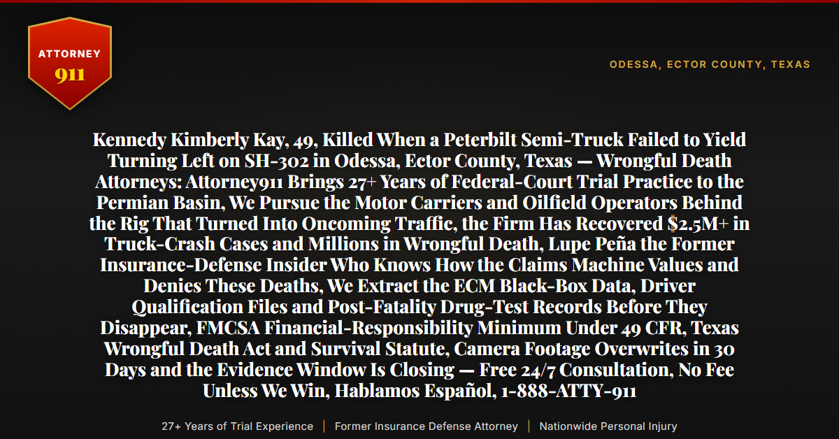 Kennedy Kimberly Kay, 49, Killed When a Peterbilt Semi-Truck Failed to Yield Turning Left on SH-302 in Odessa, Ector County, Texas — Wrongful Death Attorneys: Attorney911 Brings 27+ Years of Federal-Court Trial Practice to the Permian Basin, We Pursue the Motor Carriers and Oilfield Operators Behind the Rig That Turned Into Oncoming Traffic, the Firm Has Recovered $2.5M+ in Truck-Crash Cases and Millions in Wrongful Death, Lupe Peña the Former Insurance-Defense Insider Who Knows How the Claims Machine Values and Denies These Deaths, We Extract the ECM Black-Box Data, Driver Qualification Files and Post-Fatality Drug-Test Records Before They Disappear, FMCSA Financial-Responsibility Minimum Under 49 CFR, Texas Wrongful Death Act and Survival Statute, Camera Footage Overwrites in 30 Days and the Evidence Window Is Closing — Free 24/7 Consultation, No Fee Unless We Win, Hablamos Español, 1-888-ATTY-911 - Attorney911
