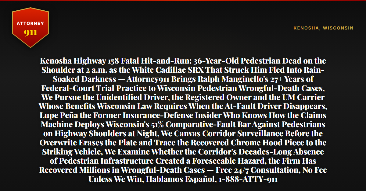 Kenosha Highway 158 Fatal Hit-and-Run: 36-Year-Old Pedestrian Dead on the Shoulder at 2 a.m. as the White Cadillac SRX That Struck Him Fled Into Rain-Soaked Darkness — Attorney911 Brings Ralph Manginello's 27+ Years of Federal-Court Trial Practice to Wisconsin Pedestrian Wrongful-Death Cases, We Pursue the Unidentified Driver, the Registered Owner and the UM Carrier Whose Benefits Wisconsin Law Requires When the At-Fault Driver Disappears, Lupe Peña the Former Insurance-Defense Insider Who Knows How the Claims Machine Deploys Wisconsin's 51% Comparative-Fault Bar Against Pedestrians on Highway Shoulders at Night, We Canvas Corridor Surveillance Before the Overwrite Erases the Plate and Trace the Recovered Chrome Hood Piece to the Striking Vehicle, We Examine Whether the Corridor's Decades-Long Absence of Pedestrian Infrastructure Created a Foreseeable Hazard, the Firm Has Recovered Millions in Wrongful-Death Cases — Free 24/7 Consultation, No Fee Unless We Win, Hablamos Español, 1-888-ATTY-911 - Attorney911