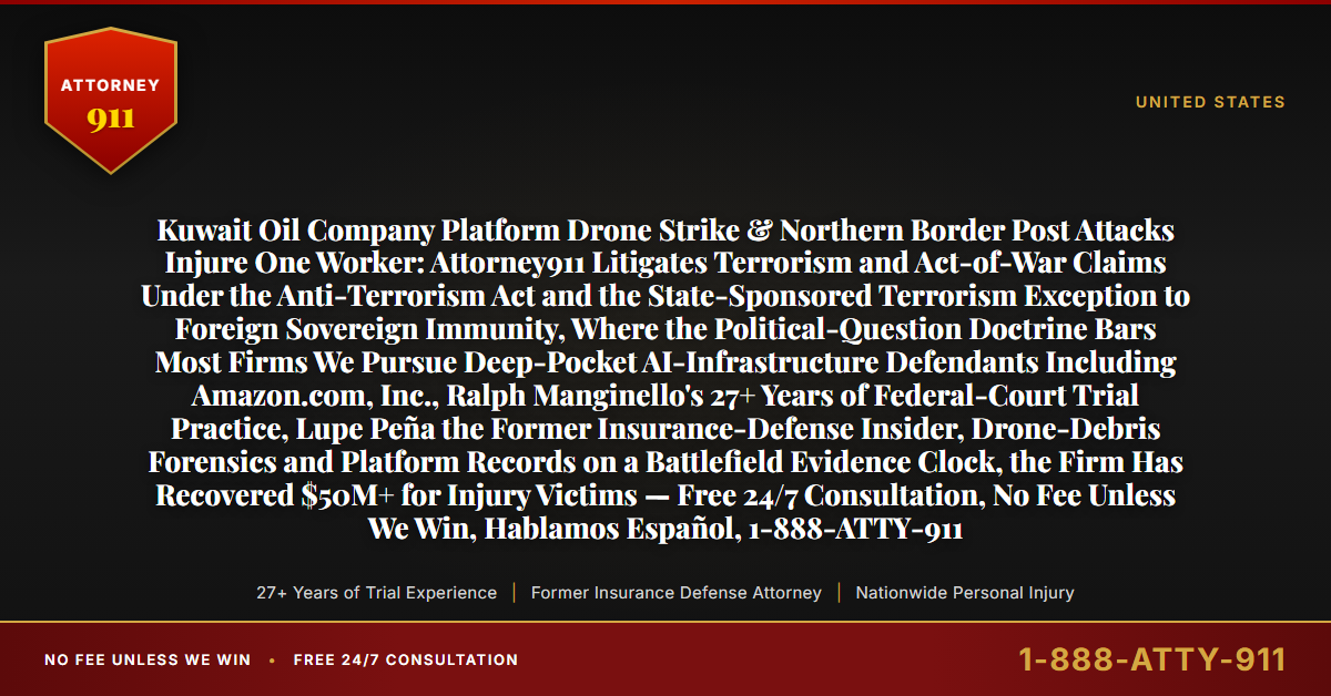 Kuwait Oil Company Platform Drone Strike & Northern Border Post Attacks Injure One Worker: Attorney911 Litigates Terrorism and Act-of-War Claims Under the Anti-Terrorism Act and the State-Sponsored Terrorism Exception to Foreign Sovereign Immunity, Where the Political-Question Doctrine Bars Most Firms We Pursue Deep-Pocket AI-Infrastructure Defendants Including Amazon.com, Inc., Ralph Manginello's 27+ Years of Federal-Court Trial Practice, Lupe Peña the Former Insurance-Defense Insider, Drone-Debris Forensics and Platform Records on a Battlefield Evidence Clock, the Firm Has Recovered $50M+ for Injury Victims — Free 24/7 Consultation, No Fee Unless We Win, Hablamos Español, 1-888-ATTY-911 - Attorney911
