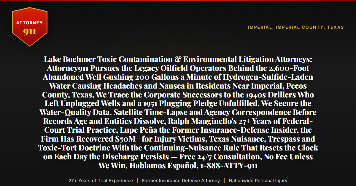 Lake Boehmer Toxic Contamination & Environmental Litigation Attorneys: Attorney911 Pursues the Legacy Oilfield Operators Behind the 2,600-Foot Abandoned Well Gushing 200 Gallons a Minute of Hydrogen-Sulfide-Laden Water Causing Headaches and Nausea in Residents Near Imperial, Pecos County, Texas, We Trace the Corporate Successors to the 1940s Drillers Who Left Unplugged Wells and a 1951 Plugging Pledge Unfulfilled, We Secure the Water-Quality Data, Satellite Time-Lapse and Agency Correspondence Before Records Age and Entities Dissolve, Ralph Manginello's 27+ Years of Federal-Court Trial Practice, Lupe Peña the Former Insurance-Defense Insider, the Firm Has Recovered $50M+ for Injury Victims, Texas Nuisance, Trespass and Toxic-Tort Doctrine With the Continuing-Nuisance Rule That Resets the Clock on Each Day the Discharge Persists — Free 24/7 Consultation, No Fee Unless We Win, Hablamos Español, 1-888-ATTY-911 - Attorney911