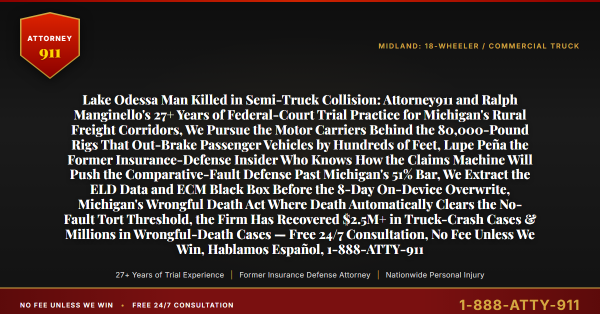 Lake Odessa Man Killed in Semi-Truck Collision: Attorney911 and Ralph Manginello's 27+ Years of Federal-Court Trial Practice for Michigan's Rural Freight Corridors, We Pursue the Motor Carriers Behind the 80,000-Pound Rigs That Out-Brake Passenger Vehicles by Hundreds of Feet, Lupe Peña the Former Insurance-Defense Insider Who Knows How the Claims Machine Will Push the Comparative-Fault Defense Past Michigan's 51% Bar, We Extract the ELD Data and ECM Black Box Before the 8-Day On-Device Overwrite, Michigan's Wrongful Death Act Where Death Automatically Clears the No-Fault Tort Threshold, the Firm Has Recovered $2.5M+ in Truck-Crash Cases & Millions in Wrongful-Death Cases — Free 24/7 Consultation, No Fee Unless We Win, Hablamos Español, 1-888-ATTY-911 - Attorney911