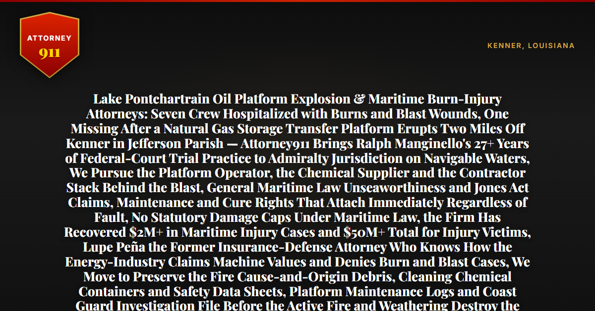 Lake Pontchartrain Oil Platform Explosion & Maritime Burn-Injury Attorneys: Seven Crew Hospitalized with Burns and Blast Wounds, One Missing After a Natural Gas Storage Transfer Platform Erupts Two Miles Off Kenner in Jefferson Parish — Attorney911 Brings Ralph Manginello's 27+ Years of Federal-Court Trial Practice to Admiralty Jurisdiction on Navigable Waters, We Pursue the Platform Operator, the Chemical Supplier and the Contractor Stack Behind the Blast, General Maritime Law Unseaworthiness and Jones Act Claims, Maintenance and Cure Rights That Attach Immediately Regardless of Fault, No Statutory Damage Caps Under Maritime Law, the Firm Has Recovered $2M+ in Maritime Injury Cases and $50M+ Total for Injury Victims, Lupe Peña the Former Insurance-Defense Attorney Who Knows How the Energy-Industry Claims Machine Values and Denies Burn and Blast Cases, We Move to Preserve the Fire Cause-and-Origin Debris, Cleaning Chemical Containers and Safety Data Sheets, Platform Maintenance Logs and Coast Guard Investigation File Before the Active Fire and Weathering Destroy the Evidence, the Louisiana Prescriptive Clock Is Running — Free 24/7 Consultation, No Fee Unless We Win, Hablamos Español, 1-888-ATTY-911 - Attorney911