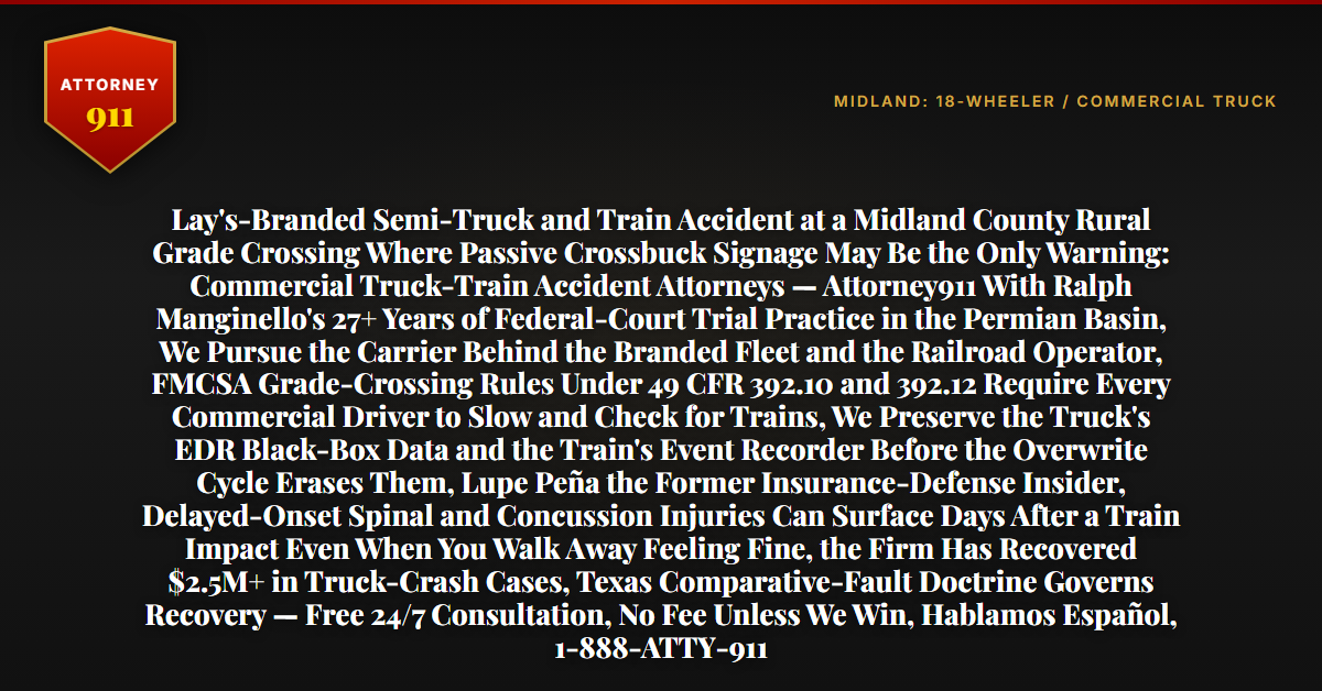 Lay's-Branded Semi-Truck and Train Accident at a Midland County Rural Grade Crossing Where Passive Crossbuck Signage May Be the Only Warning: Commercial Truck-Train Accident Attorneys — Attorney911 With Ralph Manginello's 27+ Years of Federal-Court Trial Practice in the Permian Basin, We Pursue the Carrier Behind the Branded Fleet and the Railroad Operator, FMCSA Grade-Crossing Rules Under 49 CFR 392.10 and 392.12 Require Every Commercial Driver to Slow and Check for Trains, We Preserve the Truck's EDR Black-Box Data and the Train's Event Recorder Before the Overwrite Cycle Erases Them, Lupe Peña the Former Insurance-Defense Insider, Delayed-Onset Spinal and Concussion Injuries Can Surface Days After a Train Impact Even When You Walk Away Feeling Fine, the Firm Has Recovered $2.5M+ in Truck-Crash Cases, Texas Comparative-Fault Doctrine Governs Recovery — Free 24/7 Consultation, No Fee Unless We Win, Hablamos Español, 1-888-ATTY-911 - Attorney911