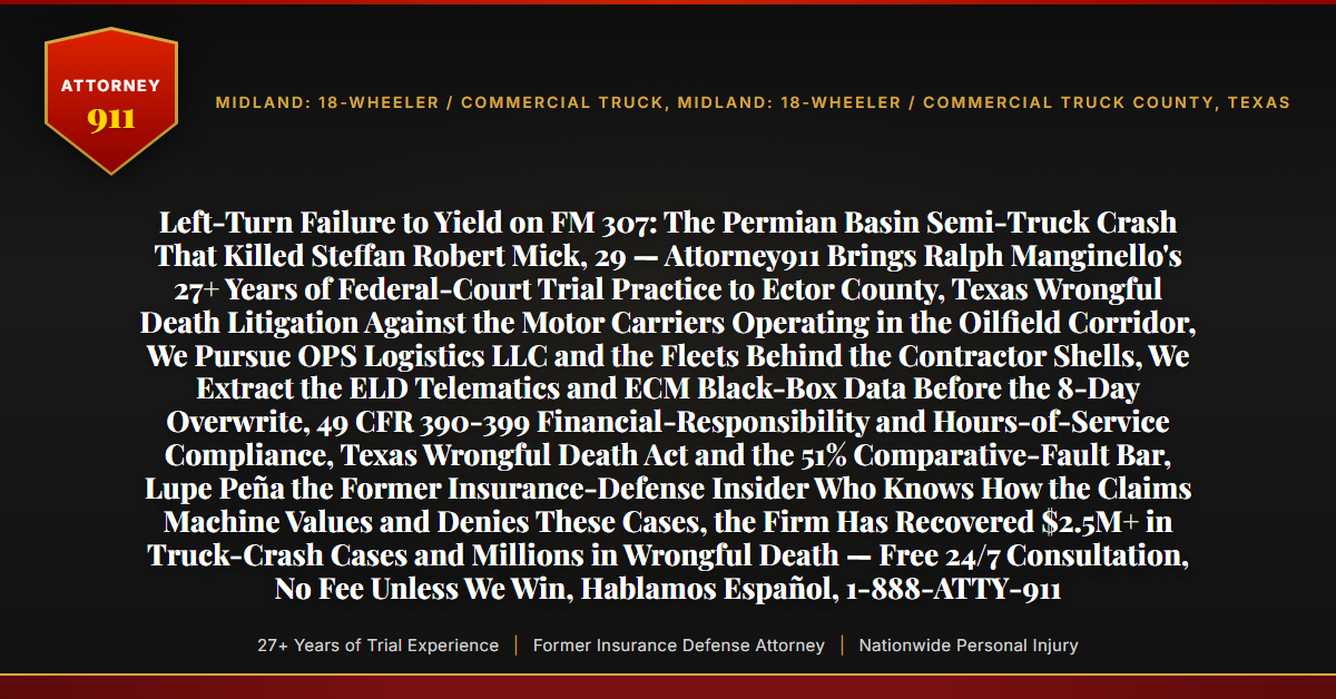 Left-Turn Failure to Yield on FM 307: The Permian Basin Semi-Truck Crash That Killed Steffan Robert Mick, 29 — Attorney911 Brings Ralph Manginello's 27+ Years of Federal-Court Trial Practice to Ector County, Texas Wrongful Death Litigation Against the Motor Carriers Operating in the Oilfield Corridor, We Pursue OPS Logistics LLC and the Fleets Behind the Contractor Shells, We Extract the ELD Telematics and ECM Black-Box Data Before the 8-Day Overwrite, 49 CFR 390-399 Financial-Responsibility and Hours-of-Service Compliance, Texas Wrongful Death Act and the 51% Comparative-Fault Bar, Lupe Peña the Former Insurance-Defense Insider Who Knows How the Claims Machine Values and Denies These Cases, the Firm Has Recovered $2.5M+ in Truck-Crash Cases and Millions in Wrongful Death — Free 24/7 Consultation, No Fee Unless We Win, Hablamos Español, 1-888-ATTY-911 - Attorney911