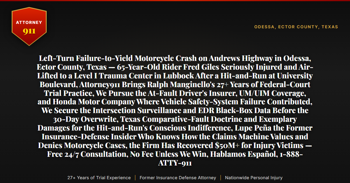 Left-Turn Failure-to-Yield Motorcycle Crash on Andrews Highway in Odessa, Ector County, Texas — 65-Year-Old Rider Fred Giles Seriously Injured and Air-Lifted to a Level I Trauma Center in Lubbock After a Hit-and-Run at University Boulevard, Attorney911 Brings Ralph Manginello's 27+ Years of Federal-Court Trial Practice, We Pursue the At-Fault Driver's Insurer, UM/UIM Coverage, and Honda Motor Company Where Vehicle Safety-System Failure Contributed, We Secure the Intersection Surveillance and EDR Black-Box Data Before the 30-Day Overwrite, Texas Comparative-Fault Doctrine and Exemplary Damages for the Hit-and-Run's Conscious Indifference, Lupe Peña the Former Insurance-Defense Insider Who Knows How the Claims Machine Values and Denies Motorcycle Cases, the Firm Has Recovered $50M+ for Injury Victims — Free 24/7 Consultation, No Fee Unless We Win, Hablamos Español, 1-888-ATTY-911 - Attorney911