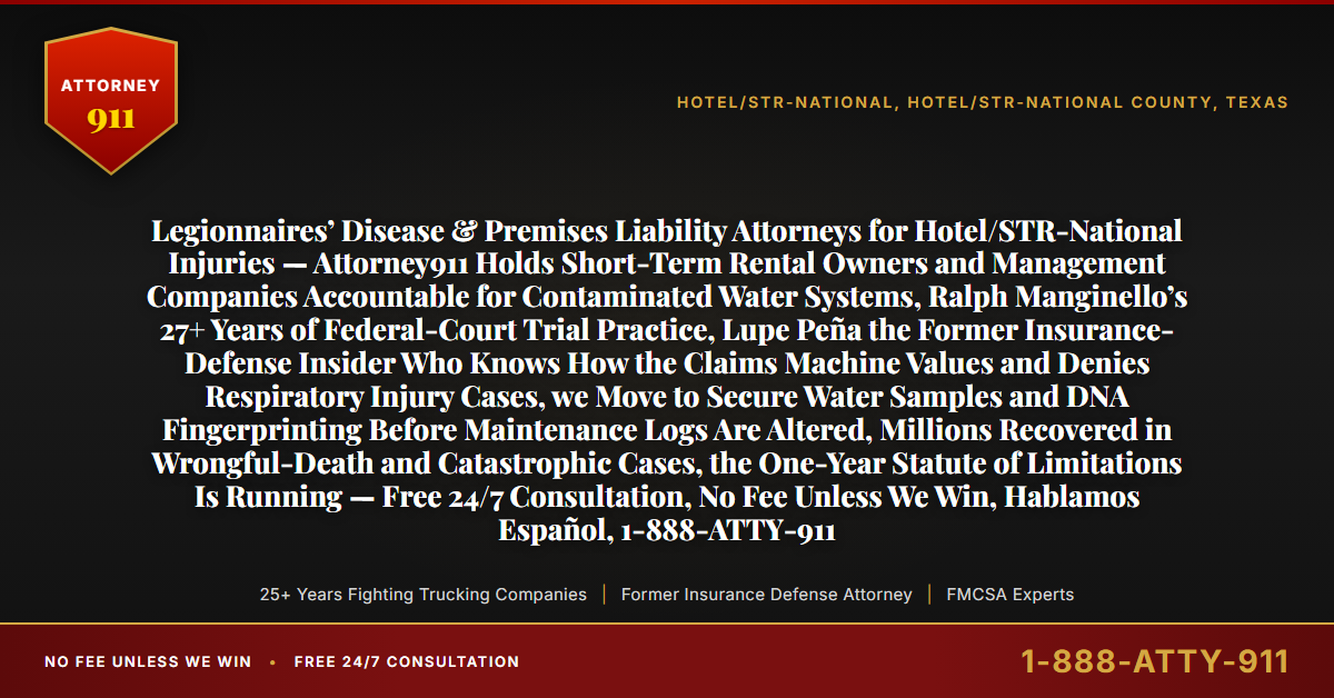 Legionnaires’ Disease & Premises Liability Attorneys for Hotel/STR-National Injuries — Attorney911 Holds Short-Term Rental Owners and Management Companies Accountable for Contaminated Water Systems, Ralph Manginello’s 27+ Years of Federal-Court Trial Practice, Lupe Peña the Former Insurance-Defense Insider Who Knows How the Claims Machine Values and Denies Respiratory Injury Cases, we Move to Secure Water Samples and DNA Fingerprinting Before Maintenance Logs Are Altered, Millions Recovered in Wrongful-Death and Catastrophic Cases, the One-Year Statute of Limitations Is Running — Free 24/7 Consultation, No Fee Unless We Win, Hablamos Español, 1-888-ATTY-911 - Attorney911