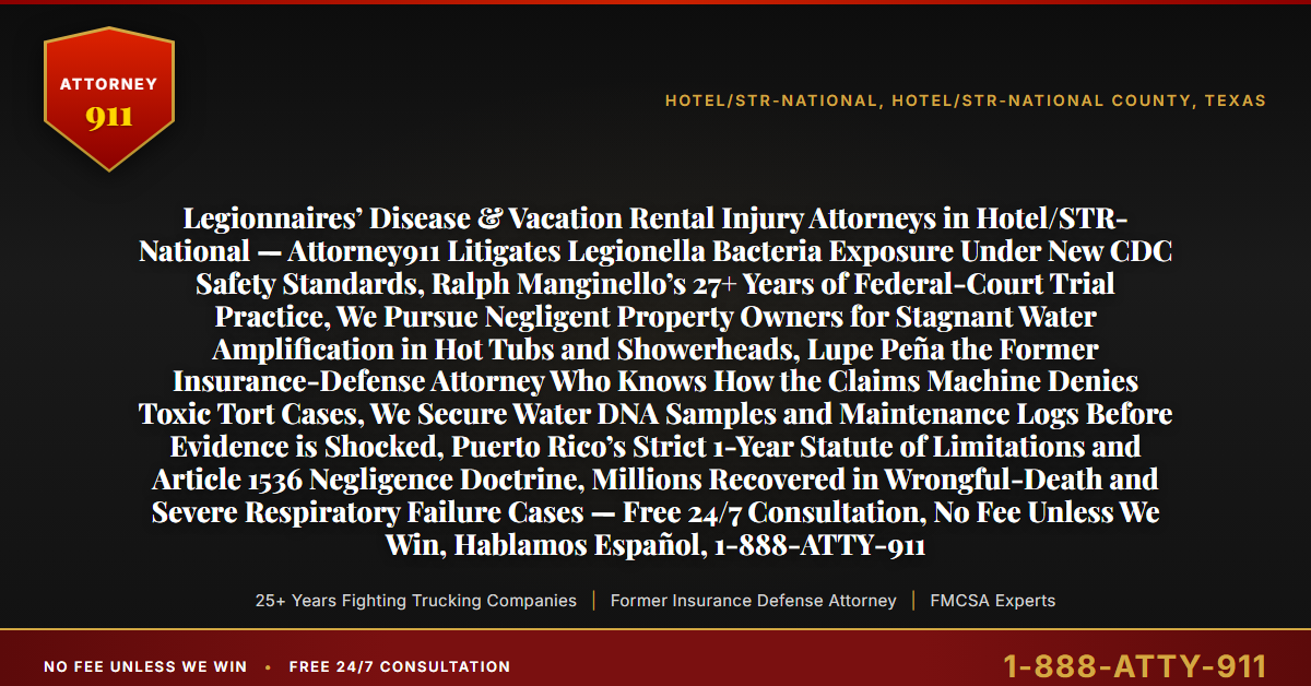 Legionnaires’ Disease & Vacation Rental Injury Attorneys in Hotel/STR-National — Attorney911 Litigates Legionella Bacteria Exposure Under New CDC Safety Standards, Ralph Manginello’s 27+ Years of Federal-Court Trial Practice, We Pursue Negligent Property Owners for Stagnant Water Amplification in Hot Tubs and Showerheads, Lupe Peña the Former Insurance-Defense Attorney Who Knows How the Claims Machine Denies Toxic Tort Cases, We Secure Water DNA Samples and Maintenance Logs Before Evidence is Shocked, Puerto Rico’s Strict 1-Year Statute of Limitations and Article 1536 Negligence Doctrine, Millions Recovered in Wrongful-Death and Severe Respiratory Failure Cases — Free 24/7 Consultation, No Fee Unless We Win, Hablamos Español, 1-888-ATTY-911 - Attorney911
