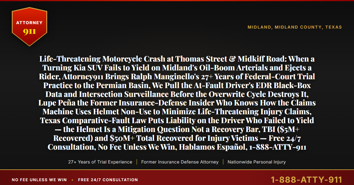 Life-Threatening Motorcycle Crash at Thomas Street & Midkiff Road: When a Turning Kia SUV Fails to Yield on Midland's Oil-Boom Arterials and Ejects a Rider, Attorney911 Brings Ralph Manginello's 27+ Years of Federal-Court Trial Practice to the Permian Basin, We Pull the At-Fault Driver's EDR Black-Box Data and Intersection Surveillance Before the Overwrite Cycle Destroys It, Lupe Peña the Former Insurance-Defense Insider Who Knows How the Claims Machine Uses Helmet Non-Use to Minimize Life-Threatening Injury Claims, Texas Comparative-Fault Law Puts Liability on the Driver Who Failed to Yield — the Helmet Is a Mitigation Question Not a Recovery Bar, TBI ($5M+ Recovered) and $50M+ Total Recovered for Injury Victims — Free 24/7 Consultation, No Fee Unless We Win, Hablamos Español, 1-888-ATTY-911 - Attorney911