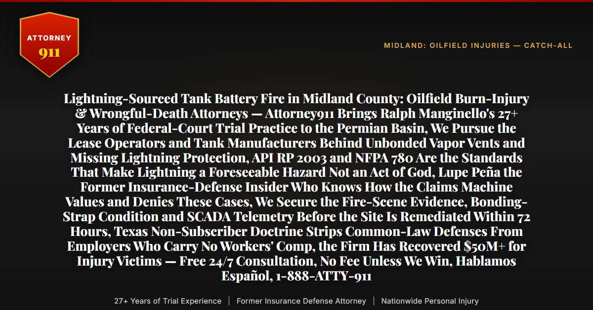 Lightning-Sourced Tank Battery Fire in Midland County: Oilfield Burn-Injury & Wrongful-Death Attorneys — Attorney911 Brings Ralph Manginello's 27+ Years of Federal-Court Trial Practice to the Permian Basin, We Pursue the Lease Operators and Tank Manufacturers Behind Unbonded Vapor Vents and Missing Lightning Protection, API RP 2003 and NFPA 780 Are the Standards That Make Lightning a Foreseeable Hazard Not an Act of God, Lupe Peña the Former Insurance-Defense Insider Who Knows How the Claims Machine Values and Denies These Cases, We Secure the Fire-Scene Evidence, Bonding-Strap Condition and SCADA Telemetry Before the Site Is Remediated Within 72 Hours, Texas Non-Subscriber Doctrine Strips Common-Law Defenses From Employers Who Carry No Workers' Comp, the Firm Has Recovered $50M+ for Injury Victims — Free 24/7 Consultation, No Fee Unless We Win, Hablamos Español, 1-888-ATTY-911 - Attorney911