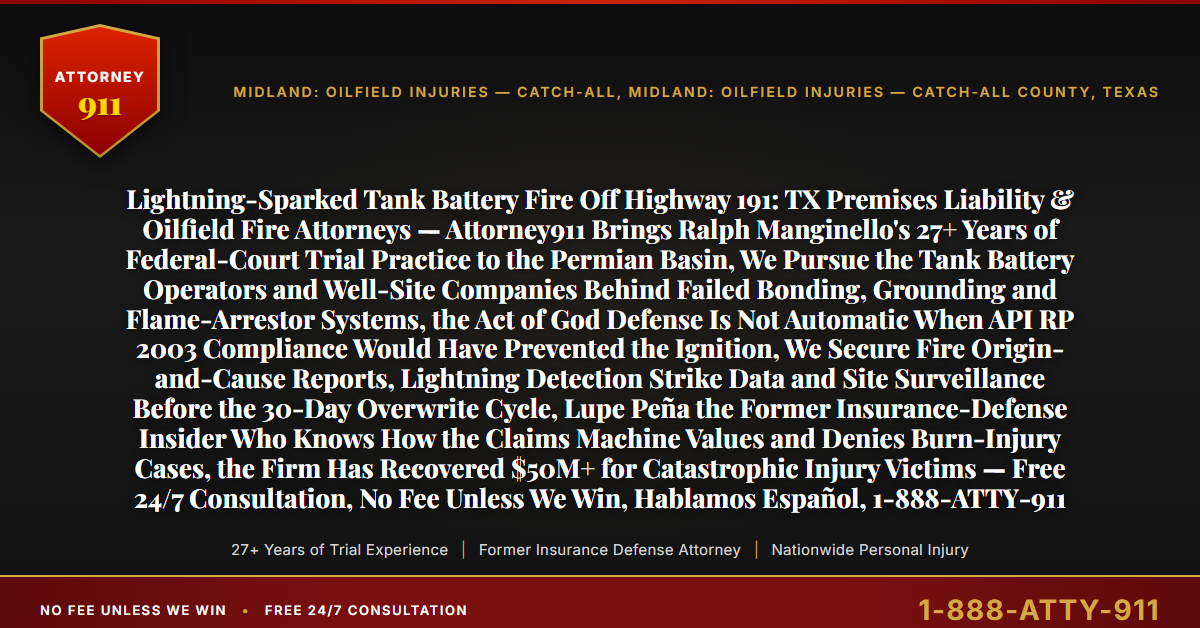 Lightning-Sparked Tank Battery Fire Off Highway 191: TX Premises Liability & Oilfield Fire Attorneys — Attorney911 Brings Ralph Manginello's 27+ Years of Federal-Court Trial Practice to the Permian Basin, We Pursue the Tank Battery Operators and Well-Site Companies Behind Failed Bonding, Grounding and Flame-Arrestor Systems, the Act of God Defense Is Not Automatic When API RP 2003 Compliance Would Have Prevented the Ignition, We Secure Fire Origin-and-Cause Reports, Lightning Detection Strike Data and Site Surveillance Before the 30-Day Overwrite Cycle, Lupe Peña the Former Insurance-Defense Insider Who Knows How the Claims Machine Values and Denies Burn-Injury Cases, the Firm Has Recovered $50M+ for Catastrophic Injury Victims — Free 24/7 Consultation, No Fee Unless We Win, Hablamos Español, 1-888-ATTY-911 - Attorney911
