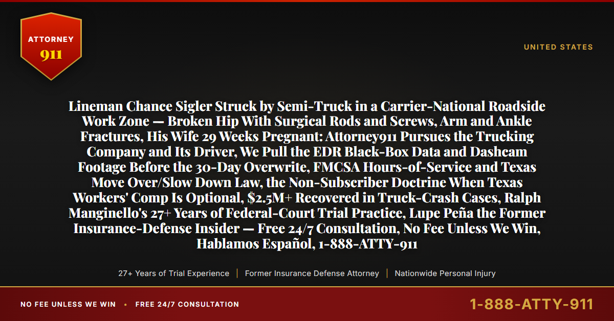 Lineman Chance Sigler Struck by Semi-Truck in a Carrier-National Roadside Work Zone — Broken Hip With Surgical Rods and Screws, Arm and Ankle Fractures, His Wife 29 Weeks Pregnant: Attorney911 Pursues the Trucking Company and Its Driver, We Pull the EDR Black-Box Data and Dashcam Footage Before the 30-Day Overwrite, FMCSA Hours-of-Service and Texas Move Over/Slow Down Law, the Non-Subscriber Doctrine When Texas Workers' Comp Is Optional, $2.5M+ Recovered in Truck-Crash Cases, Ralph Manginello's 27+ Years of Federal-Court Trial Practice, Lupe Peña the Former Insurance-Defense Insider — Free 24/7 Consultation, No Fee Unless We Win, Hablamos Español, 1-888-ATTY-911 - Attorney911