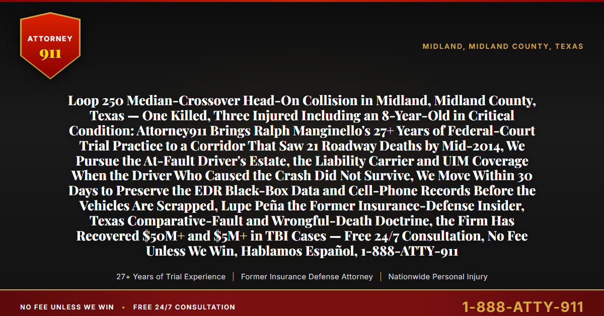 Loop 250 Median-Crossover Head-On Collision in Midland, Midland County, Texas — One Killed, Three Injured Including an 8-Year-Old in Critical Condition: Attorney911 Brings Ralph Manginello's 27+ Years of Federal-Court Trial Practice to a Corridor That Saw 21 Roadway Deaths by Mid-2014, We Pursue the At-Fault Driver's Estate, the Liability Carrier and UIM Coverage When the Driver Who Caused the Crash Did Not Survive, We Move Within 30 Days to Preserve the EDR Black-Box Data and Cell-Phone Records Before the Vehicles Are Scrapped, Lupe Peña the Former Insurance-Defense Insider, Texas Comparative-Fault and Wrongful-Death Doctrine, the Firm Has Recovered $50M+ and $5M+ in TBI Cases — Free 24/7 Consultation, No Fee Unless We Win, Hablamos Español, 1-888-ATTY-911 - Attorney911