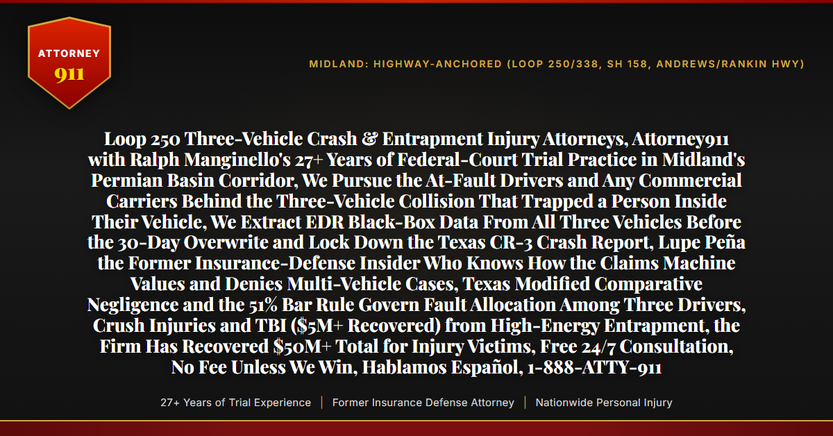 Loop 250 Three-Vehicle Crash & Entrapment Injury Attorneys, Attorney911 with Ralph Manginello's 27+ Years of Federal-Court Trial Practice in Midland's Permian Basin Corridor, We Pursue the At-Fault Drivers and Any Commercial Carriers Behind the Three-Vehicle Collision That Trapped a Person Inside Their Vehicle, We Extract EDR Black-Box Data From All Three Vehicles Before the 30-Day Overwrite and Lock Down the Texas CR-3 Crash Report, Lupe Peña the Former Insurance-Defense Insider Who Knows How the Claims Machine Values and Denies Multi-Vehicle Cases, Texas Modified Comparative Negligence and the 51% Bar Rule Govern Fault Allocation Among Three Drivers, Crush Injuries and TBI ($5M+ Recovered) from High-Energy Entrapment, the Firm Has Recovered $50M+ Total for Injury Victims, Free 24/7 Consultation, No Fee Unless We Win, Hablamos Español, 1-888-ATTY-911 - Attorney911