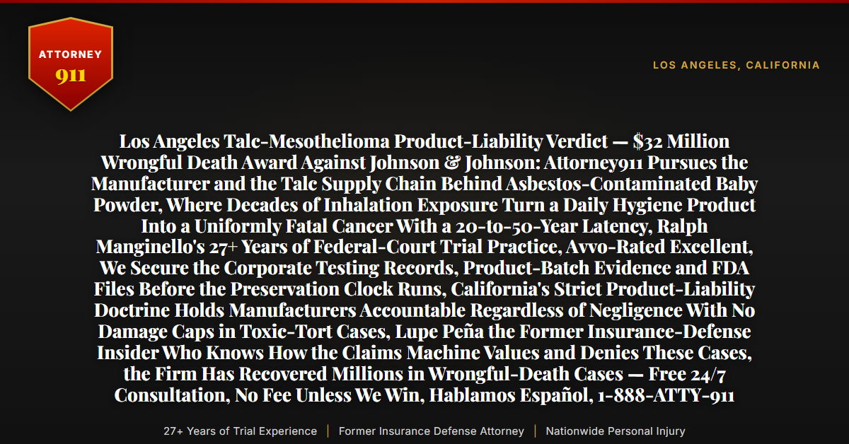 Los Angeles Talc-Mesothelioma Product-Liability Verdict — $32 Million Wrongful Death Award Against Johnson & Johnson: Attorney911 Pursues the Manufacturer and the Talc Supply Chain Behind Asbestos-Contaminated Baby Powder, Where Decades of Inhalation Exposure Turn a Daily Hygiene Product Into a Uniformly Fatal Cancer With a 20-to-50-Year Latency, Ralph Manginello's 27+ Years of Federal-Court Trial Practice, Avvo-Rated Excellent, We Secure the Corporate Testing Records, Product-Batch Evidence and FDA Files Before the Preservation Clock Runs, California's Strict Product-Liability Doctrine Holds Manufacturers Accountable Regardless of Negligence With No Damage Caps in Toxic-Tort Cases, Lupe Peña the Former Insurance-Defense Insider Who Knows How the Claims Machine Values and Denies These Cases, the Firm Has Recovered Millions in Wrongful-Death Cases — Free 24/7 Consultation, No Fee Unless We Win, Hablamos Español, 1-888-ATTY-911 - Attorney911