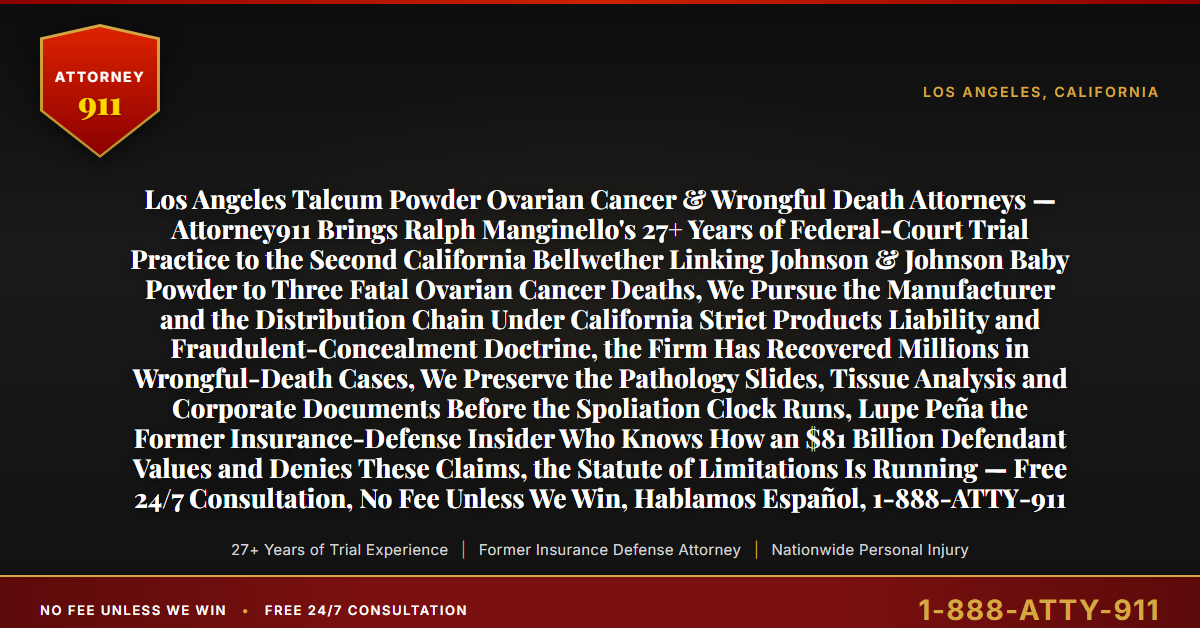 Los Angeles Talcum Powder Ovarian Cancer & Wrongful Death Attorneys — Attorney911 Brings Ralph Manginello's 27+ Years of Federal-Court Trial Practice to the Second California Bellwether Linking Johnson & Johnson Baby Powder to Three Fatal Ovarian Cancer Deaths, We Pursue the Manufacturer and the Distribution Chain Under California Strict Products Liability and Fraudulent-Concealment Doctrine, the Firm Has Recovered Millions in Wrongful-Death Cases, We Preserve the Pathology Slides, Tissue Analysis and Corporate Documents Before the Spoliation Clock Runs, Lupe Peña the Former Insurance-Defense Insider Who Knows How an $81 Billion Defendant Values and Denies These Claims, the Statute of Limitations Is Running — Free 24/7 Consultation, No Fee Unless We Win, Hablamos Español, 1-888-ATTY-911 - Attorney911