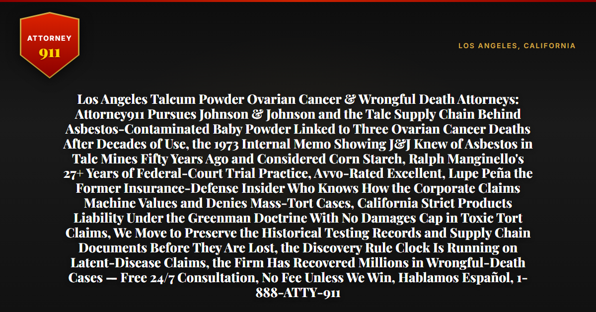Los Angeles Talcum Powder Ovarian Cancer & Wrongful Death Attorneys: Attorney911 Pursues Johnson & Johnson and the Talc Supply Chain Behind Asbestos-Contaminated Baby Powder Linked to Three Ovarian Cancer Deaths After Decades of Use, the 1973 Internal Memo Showing J&J Knew of Asbestos in Talc Mines Fifty Years Ago and Considered Corn Starch, Ralph Manginello's 27+ Years of Federal-Court Trial Practice, Avvo-Rated Excellent, Lupe Peña the Former Insurance-Defense Insider Who Knows How the Corporate Claims Machine Values and Denies Mass-Tort Cases, California Strict Products Liability Under the Greenman Doctrine With No Damages Cap in Toxic Tort Claims, We Move to Preserve the Historical Testing Records and Supply Chain Documents Before They Are Lost, the Discovery Rule Clock Is Running on Latent-Disease Claims, the Firm Has Recovered Millions in Wrongful-Death Cases — Free 24/7 Consultation, No Fee Unless We Win, Hablamos Español, 1-888-ATTY-911 - Attorney911