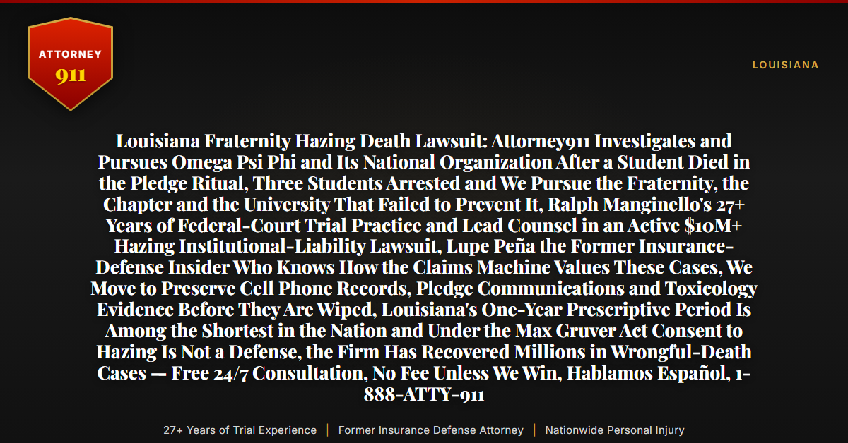 Louisiana Fraternity Hazing Death Lawsuit: Attorney911 Investigates and Pursues Omega Psi Phi and Its National Organization After a Student Died in the Pledge Ritual, Three Students Arrested and We Pursue the Fraternity, the Chapter and the University That Failed to Prevent It, Ralph Manginello's 27+ Years of Federal-Court Trial Practice and Lead Counsel in an Active $10M+ Hazing Institutional-Liability Lawsuit, Lupe Peña the Former Insurance-Defense Insider Who Knows How the Claims Machine Values These Cases, We Move to Preserve Cell Phone Records, Pledge Communications and Toxicology Evidence Before They Are Wiped, Louisiana's One-Year Prescriptive Period Is Among the Shortest in the Nation and Under the Max Gruver Act Consent to Hazing Is Not a Defense, the Firm Has Recovered Millions in Wrongful-Death Cases — Free 24/7 Consultation, No Fee Unless We Win, Hablamos Español, 1-888-ATTY-911 - Attorney911