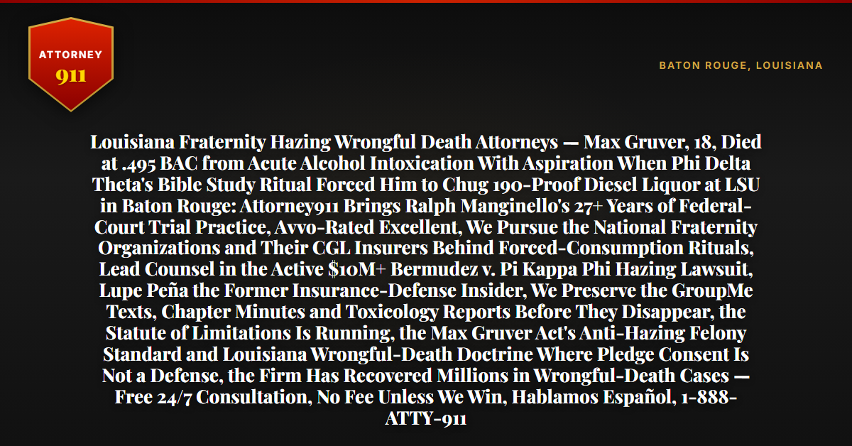 Louisiana Fraternity Hazing Wrongful Death Attorneys — Max Gruver, 18, Died at .495 BAC from Acute Alcohol Intoxication With Aspiration When Phi Delta Theta's Bible Study Ritual Forced Him to Chug 190-Proof Diesel Liquor at LSU in Baton Rouge: Attorney911 Brings Ralph Manginello's 27+ Years of Federal-Court Trial Practice, Avvo-Rated Excellent, We Pursue the National Fraternity Organizations and Their CGL Insurers Behind Forced-Consumption Rituals, Lead Counsel in the Active $10M+ Bermudez v. Pi Kappa Phi Hazing Lawsuit, Lupe Peña the Former Insurance-Defense Insider, We Preserve the GroupMe Texts, Chapter Minutes and Toxicology Reports Before They Disappear, the Statute of Limitations Is Running, the Max Gruver Act's Anti-Hazing Felony Standard and Louisiana Wrongful-Death Doctrine Where Pledge Consent Is Not a Defense, the Firm Has Recovered Millions in Wrongful-Death Cases — Free 24/7 Consultation, No Fee Unless We Win, Hablamos Español, 1-888-ATTY-911 - Attorney911