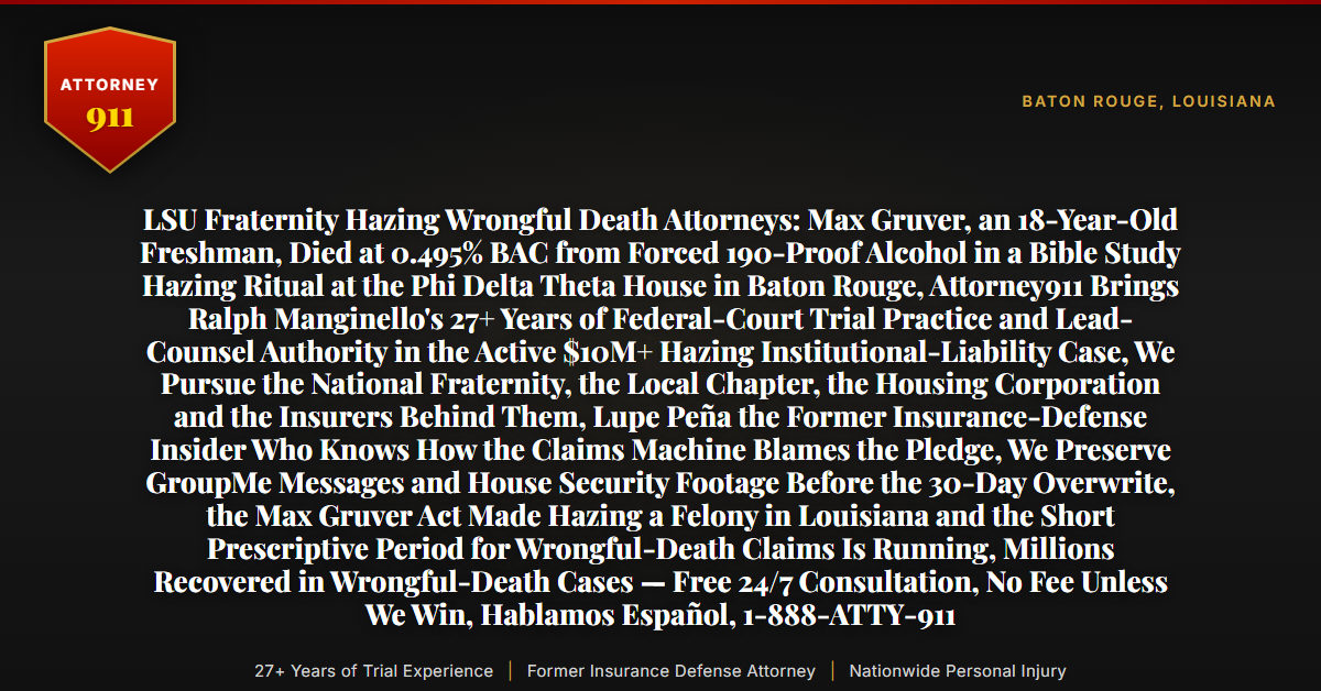 LSU Fraternity Hazing Wrongful Death Attorneys: Max Gruver, an 18-Year-Old Freshman, Died at 0.495% BAC from Forced 190-Proof Alcohol in a Bible Study Hazing Ritual at the Phi Delta Theta House in Baton Rouge, Attorney911 Brings Ralph Manginello's 27+ Years of Federal-Court Trial Practice and Lead-Counsel Authority in the Active $10M+ Hazing Institutional-Liability Case, We Pursue the National Fraternity, the Local Chapter, the Housing Corporation and the Insurers Behind Them, Lupe Peña the Former Insurance-Defense Insider Who Knows How the Claims Machine Blames the Pledge, We Preserve GroupMe Messages and House Security Footage Before the 30-Day Overwrite, the Max Gruver Act Made Hazing a Felony in Louisiana and the Short Prescriptive Period for Wrongful-Death Claims Is Running, Millions Recovered in Wrongful-Death Cases — Free 24/7 Consultation, No Fee Unless We Win, Hablamos Español, 1-888-ATTY-911 - Attorney911