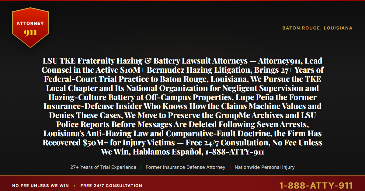 LSU TKE Fraternity Hazing & Battery Lawsuit Attorneys — Attorney911, Lead Counsel in the Active $10M+ Bermudez Hazing Litigation, Brings 27+ Years of Federal-Court Trial Practice to Baton Rouge, Louisiana, We Pursue the TKE Local Chapter and Its National Organization for Negligent Supervision and Hazing-Culture Battery at Off-Campus Properties, Lupe Peña the Former Insurance-Defense Insider Who Knows How the Claims Machine Values and Denies These Cases, We Move to Preserve the GroupMe Archives and LSU Police Reports Before Messages Are Deleted Following Seven Arrests, Louisiana's Anti-Hazing Law and Comparative-Fault Doctrine, the Firm Has Recovered $50M+ for Injury Victims — Free 24/7 Consultation, No Fee Unless We Win, Hablamos Español, 1-888-ATTY-911 - Attorney911