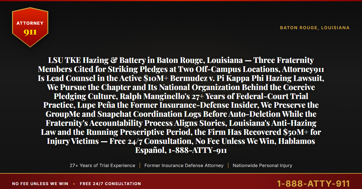 LSU TKE Hazing & Battery in Baton Rouge, Louisiana — Three Fraternity Members Cited for Striking Pledges at Two Off-Campus Locations, Attorney911 Is Lead Counsel in the Active $10M+ Bermudez v. Pi Kappa Phi Hazing Lawsuit, We Pursue the Chapter and Its National Organization Behind the Coercive Pledging Culture, Ralph Manginello's 27+ Years of Federal-Court Trial Practice, Lupe Peña the Former Insurance-Defense Insider, We Preserve the GroupMe and Snapchat Coordination Logs Before Auto-Deletion While the Fraternity's Accountability Process Aligns Stories, Louisiana's Anti-Hazing Law and the Running Prescriptive Period, the Firm Has Recovered $50M+ for Injury Victims — Free 24/7 Consultation, No Fee Unless We Win, Hablamos Español, 1-888-ATTY-911 - Attorney911