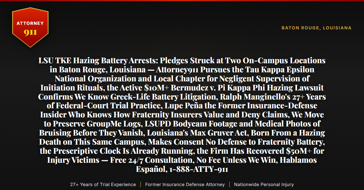 LSU TKE Hazing Battery Arrests: Pledges Struck at Two On-Campus Locations in Baton Rouge, Louisiana — Attorney911 Pursues the Tau Kappa Epsilon National Organization and Local Chapter for Negligent Supervision of Initiation Rituals, the Active $10M+ Bermudez v. Pi Kappa Phi Hazing Lawsuit Confirms We Know Greek-Life Battery Litigation, Ralph Manginello's 27+ Years of Federal-Court Trial Practice, Lupe Peña the Former Insurance-Defense Insider Who Knows How Fraternity Insurers Value and Deny Claims, We Move to Preserve GroupMe Logs, LSUPD Bodycam Footage and Medical Photos of Bruising Before They Vanish, Louisiana's Max Gruver Act, Born From a Hazing Death on This Same Campus, Makes Consent No Defense to Fraternity Battery, the Prescriptive Clock Is Already Running, the Firm Has Recovered $50M+ for Injury Victims — Free 24/7 Consultation, No Fee Unless We Win, Hablamos Español, 1-888-ATTY-911 - Attorney911