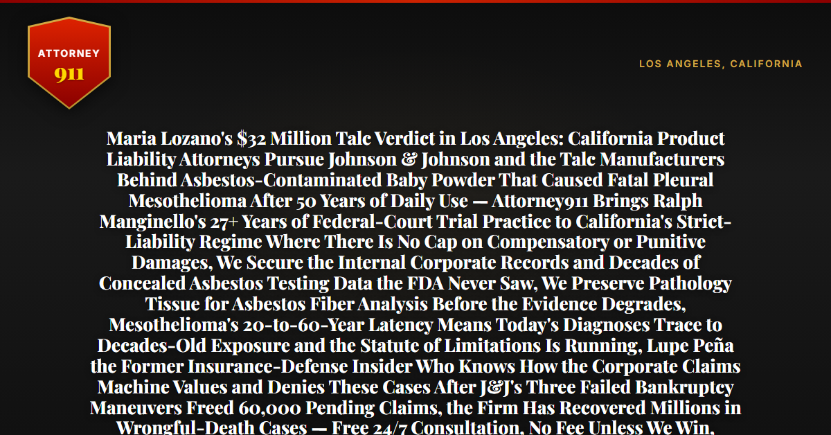 Maria Lozano's $32 Million Talc Verdict in Los Angeles: California Product Liability Attorneys Pursue Johnson & Johnson and the Talc Manufacturers Behind Asbestos-Contaminated Baby Powder That Caused Fatal Pleural Mesothelioma After 50 Years of Daily Use — Attorney911 Brings Ralph Manginello's 27+ Years of Federal-Court Trial Practice to California's Strict-Liability Regime Where There Is No Cap on Compensatory or Punitive Damages, We Secure the Internal Corporate Records and Decades of Concealed Asbestos Testing Data the FDA Never Saw, We Preserve Pathology Tissue for Asbestos Fiber Analysis Before the Evidence Degrades, Mesothelioma's 20-to-60-Year Latency Means Today's Diagnoses Trace to Decades-Old Exposure and the Statute of Limitations Is Running, Lupe Peña the Former Insurance-Defense Insider Who Knows How the Corporate Claims Machine Values and Denies These Cases After J&J's Three Failed Bankruptcy Maneuvers Freed 60,000 Pending Claims, the Firm Has Recovered Millions in Wrongful-Death Cases — Free 24/7 Consultation, No Fee Unless We Win, Hablamos Español, 1-888-ATTY-911 - Attorney911