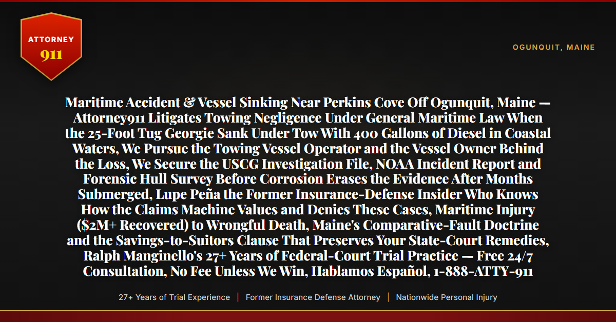 Maritime Accident & Vessel Sinking Near Perkins Cove Off Ogunquit, Maine — Attorney911 Litigates Towing Negligence Under General Maritime Law When the 25-Foot Tug Georgie Sank Under Tow With 400 Gallons of Diesel in Coastal Waters, We Pursue the Towing Vessel Operator and the Vessel Owner Behind the Loss, We Secure the USCG Investigation File, NOAA Incident Report and Forensic Hull Survey Before Corrosion Erases the Evidence After Months Submerged, Lupe Peña the Former Insurance-Defense Insider Who Knows How the Claims Machine Values and Denies These Cases, Maritime Injury ($2M+ Recovered) to Wrongful Death, Maine's Comparative-Fault Doctrine and the Savings-to-Suitors Clause That Preserves Your State-Court Remedies, Ralph Manginello's 27+ Years of Federal-Court Trial Practice — Free 24/7 Consultation, No Fee Unless We Win, Hablamos Español, 1-888-ATTY-911 - Attorney911
