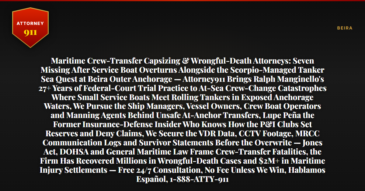 Maritime Crew-Transfer Capsizing & Wrongful-Death Attorneys: Seven Missing After Service Boat Overturns Alongside the Scorpio-Managed Tanker Sea Quest at Beira Outer Anchorage — Attorney911 Brings Ralph Manginello's 27+ Years of Federal-Court Trial Practice to At-Sea Crew-Change Catastrophes Where Small Service Boats Meet Rolling Tankers in Exposed Anchorage Waters, We Pursue the Ship Managers, Vessel Owners, Crew Boat Operators and Manning Agents Behind Unsafe At-Anchor Transfers, Lupe Peña the Former Insurance-Defense Insider Who Knows How the P&I Clubs Set Reserves and Deny Claims, We Secure the VDR Data, CCTV Footage, MRCC Communication Logs and Survivor Statements Before the Overwrite — Jones Act, DOHSA and General Maritime Law Frame Crew-Transfer Fatalities, the Firm Has Recovered Millions in Wrongful-Death Cases and $2M+ in Maritime Injury Settlements — Free 24/7 Consultation, No Fee Unless We Win, Hablamos Español, 1-888-ATTY-911 - Attorney911