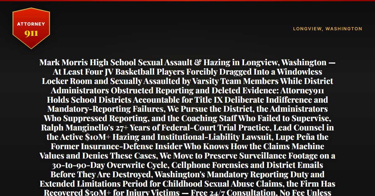Mark Morris High School Sexual Assault & Hazing in Longview, Washington — At Least Four JV Basketball Players Forcibly Dragged Into a Windowless Locker Room and Sexually Assaulted by Varsity Team Members While District Administrators Obstructed Reporting and Deleted Evidence: Attorney911 Holds School Districts Accountable for Title IX Deliberate Indifference and Mandatory-Reporting Failures, We Pursue the District, the Administrators Who Suppressed Reporting, and the Coaching Staff Who Failed to Supervise, Ralph Manginello's 27+ Years of Federal-Court Trial Practice, Lead Counsel in the Active $10M+ Hazing and Institutional-Liability Lawsuit, Lupe Peña the Former Insurance-Defense Insider Who Knows How the Claims Machine Values and Denies These Cases, We Move to Preserve Surveillance Footage on a 30-to-90-Day Overwrite Cycle, Cellphone Forensics and District Emails Before They Are Destroyed, Washington's Mandatory Reporting Duty and Extended Limitations Period for Childhood Sexual Abuse Claims, the Firm Has Recovered $50M+ for Injury Victims — Free 24/7 Consultation, No Fee Unless We Win, Hablamos Español, 1-888-ATTY-911 - Attorney911