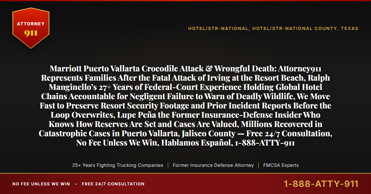 Marriott Puerto Vallarta Crocodile Attack & Wrongful Death: Attorney911 Represents Families After the Fatal Attack of Irving at the Resort Beach, Ralph Manginello’s 27+ Years of Federal-Court Experience Holding Global Hotel Chains Accountable for Negligent Failure to Warn of Deadly Wildlife, We Move Fast to Preserve Resort Security Footage and Prior Incident Reports Before the Loop Overwrites, Lupe Peña the Former Insurance-Defense Insider Who Knows How Reserves Are Set and Cases Are Valued, Millions Recovered in Catastrophic Cases in Puerto Vallarta, Jalisco County — Free 24/7 Consultation, No Fee Unless We Win, Hablamos Español, 1-888-ATTY-911 - Attorney911