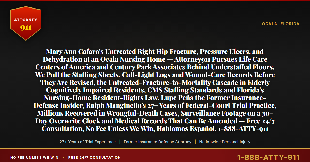 Mary Ann Cafaro's Untreated Right Hip Fracture, Pressure Ulcers, and Dehydration at an Ocala Nursing Home — Attorney911 Pursues Life Care Centers of America and Century Park Associates Behind Understaffed Floors, We Pull the Staffing Sheets, Call-Light Logs and Wound-Care Records Before They Are Revised, the Untreated-Fracture-to-Mortality Cascade in Elderly Cognitively Impaired Residents, CMS Staffing Standards and Florida's Nursing-Home Resident-Rights Law, Lupe Peña the Former Insurance-Defense Insider, Ralph Manginello's 27+ Years of Federal-Court Trial Practice, Millions Recovered in Wrongful-Death Cases, Surveillance Footage on a 30-Day Overwrite Clock and Medical Records That Can Be Amended — Free 24/7 Consultation, No Fee Unless We Win, Hablamos Español, 1-888-ATTY-911 - Attorney911