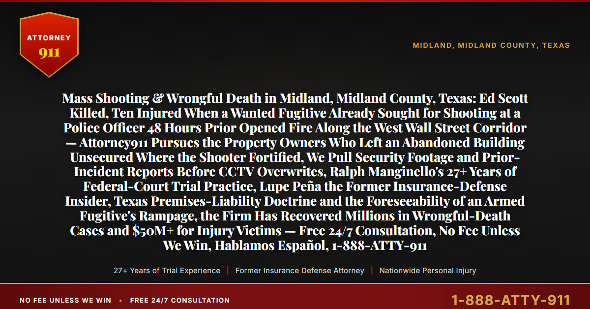 Mass Shooting & Wrongful Death in Midland, Midland County, Texas: Ed Scott Killed, Ten Injured When a Wanted Fugitive Already Sought for Shooting at a Police Officer 48 Hours Prior Opened Fire Along the West Wall Street Corridor — Attorney911 Pursues the Property Owners Who Left an Abandoned Building Unsecured Where the Shooter Fortified, We Pull Security Footage and Prior-Incident Reports Before CCTV Overwrites, Ralph Manginello's 27+ Years of Federal-Court Trial Practice, Lupe Peña the Former Insurance-Defense Insider, Texas Premises-Liability Doctrine and the Foreseeability of an Armed Fugitive's Rampage, the Firm Has Recovered Millions in Wrongful-Death Cases and $50M+ for Injury Victims — Free 24/7 Consultation, No Fee Unless We Win, Hablamos Español, 1-888-ATTY-911 - Attorney911
