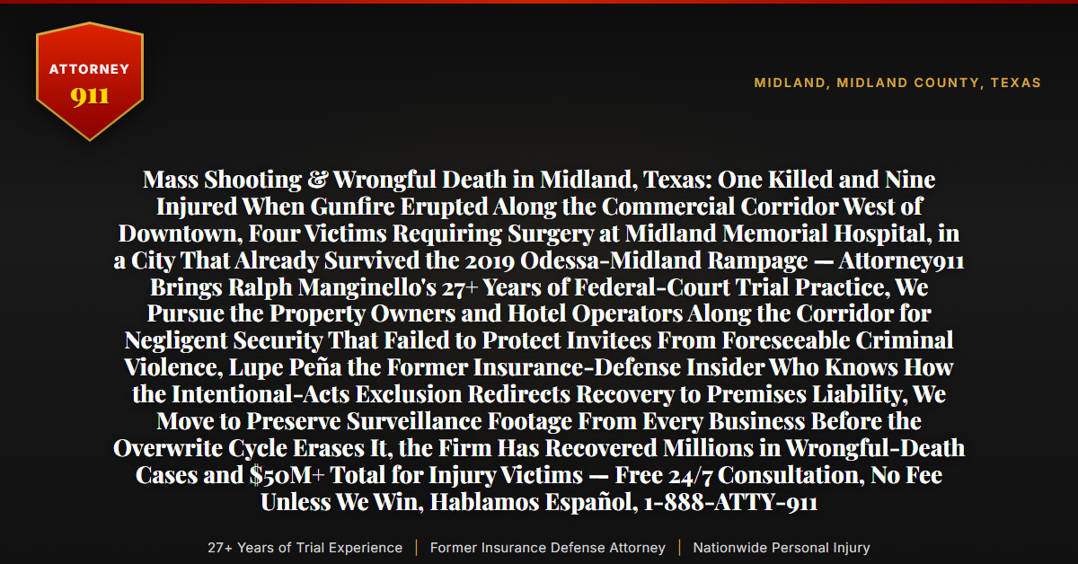 Mass Shooting & Wrongful Death in Midland, Texas: One Killed and Nine Injured When Gunfire Erupted Along the Commercial Corridor West of Downtown, Four Victims Requiring Surgery at Midland Memorial Hospital, in a City That Already Survived the 2019 Odessa-Midland Rampage — Attorney911 Brings Ralph Manginello's 27+ Years of Federal-Court Trial Practice, We Pursue the Property Owners and Hotel Operators Along the Corridor for Negligent Security That Failed to Protect Invitees From Foreseeable Criminal Violence, Lupe Peña the Former Insurance-Defense Insider Who Knows How the Intentional-Acts Exclusion Redirects Recovery to Premises Liability, We Move to Preserve Surveillance Footage From Every Business Before the Overwrite Cycle Erases It, the Firm Has Recovered Millions in Wrongful-Death Cases and $50M+ Total for Injury Victims — Free 24/7 Consultation, No Fee Unless We Win, Hablamos Español, 1-888-ATTY-911 - Attorney911