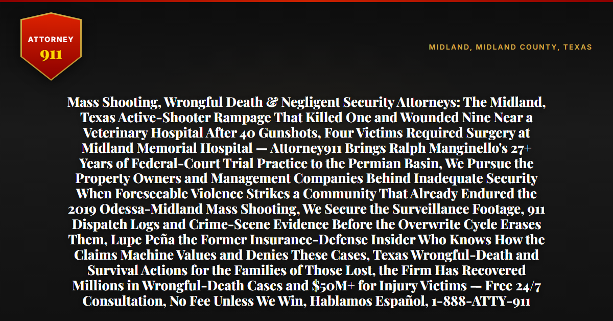 Mass Shooting, Wrongful Death & Negligent Security Attorneys: The Midland, Texas Active-Shooter Rampage That Killed One and Wounded Nine Near a Veterinary Hospital After 40 Gunshots, Four Victims Required Surgery at Midland Memorial Hospital — Attorney911 Brings Ralph Manginello's 27+ Years of Federal-Court Trial Practice to the Permian Basin, We Pursue the Property Owners and Management Companies Behind Inadequate Security When Foreseeable Violence Strikes a Community That Already Endured the 2019 Odessa-Midland Mass Shooting, We Secure the Surveillance Footage, 911 Dispatch Logs and Crime-Scene Evidence Before the Overwrite Cycle Erases Them, Lupe Peña the Former Insurance-Defense Insider Who Knows How the Claims Machine Values and Denies These Cases, Texas Wrongful-Death and Survival Actions for the Families of Those Lost, the Firm Has Recovered Millions in Wrongful-Death Cases and $50M+ for Injury Victims — Free 24/7 Consultation, No Fee Unless We Win, Hablamos Español, 1-888-ATTY-911 - Attorney911