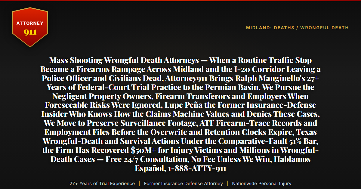 Mass Shooting Wrongful Death Attorneys — When a Routine Traffic Stop Became a Firearms Rampage Across Midland and the I-20 Corridor Leaving a Police Officer and Civilians Dead, Attorney911 Brings Ralph Manginello's 27+ Years of Federal-Court Trial Practice to the Permian Basin, We Pursue the Negligent Property Owners, Firearm Transferors and Employers When Foreseeable Risks Were Ignored, Lupe Peña the Former Insurance-Defense Insider Who Knows How the Claims Machine Values and Denies These Cases, We Move to Preserve Surveillance Footage, ATF Firearm-Trace Records and Employment Files Before the Overwrite and Retention Clocks Expire, Texas Wrongful-Death and Survival Actions Under the Comparative-Fault 51% Bar, the Firm Has Recovered $50M+ for Injury Victims and Millions in Wrongful-Death Cases — Free 24/7 Consultation, No Fee Unless We Win, Hablamos Español, 1-888-ATTY-911 - Attorney911