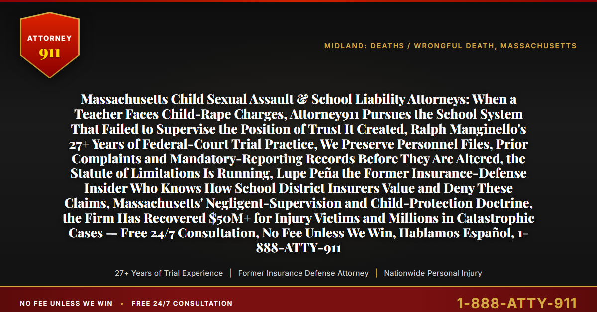 Massachusetts Child Sexual Assault & School Liability Attorneys: When a Teacher Faces Child-Rape Charges, Attorney911 Pursues the School System That Failed to Supervise the Position of Trust It Created, Ralph Manginello's 27+ Years of Federal-Court Trial Practice, We Preserve Personnel Files, Prior Complaints and Mandatory-Reporting Records Before They Are Altered, the Statute of Limitations Is Running, Lupe Peña the Former Insurance-Defense Insider Who Knows How School District Insurers Value and Deny These Claims, Massachusetts' Negligent-Supervision and Child-Protection Doctrine, the Firm Has Recovered $50M+ for Injury Victims and Millions in Catastrophic Cases — Free 24/7 Consultation, No Fee Unless We Win, Hablamos Español, 1-888-ATTY-911 - Attorney911