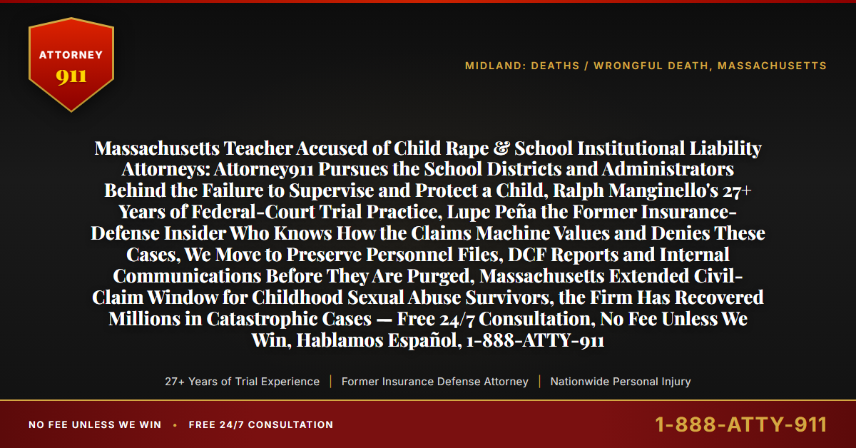 Massachusetts Teacher Accused of Child Rape & School Institutional Liability Attorneys: Attorney911 Pursues the School Districts and Administrators Behind the Failure to Supervise and Protect a Child, Ralph Manginello's 27+ Years of Federal-Court Trial Practice, Lupe Peña the Former Insurance-Defense Insider Who Knows How the Claims Machine Values and Denies These Cases, We Move to Preserve Personnel Files, DCF Reports and Internal Communications Before They Are Purged, Massachusetts Extended Civil-Claim Window for Childhood Sexual Abuse Survivors, the Firm Has Recovered Millions in Catastrophic Cases — Free 24/7 Consultation, No Fee Unless We Win, Hablamos Español, 1-888-ATTY-911 - Attorney911