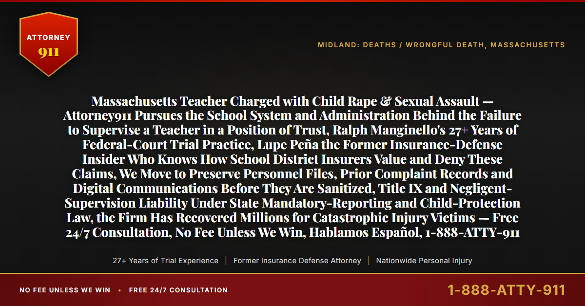 Massachusetts Teacher Charged with Child Rape & Sexual Assault — Attorney911 Pursues the School System and Administration Behind the Failure to Supervise a Teacher in a Position of Trust, Ralph Manginello's 27+ Years of Federal-Court Trial Practice, Lupe Peña the Former Insurance-Defense Insider Who Knows How School District Insurers Value and Deny These Claims, We Move to Preserve Personnel Files, Prior Complaint Records and Digital Communications Before They Are Sanitized, Title IX and Negligent-Supervision Liability Under State Mandatory-Reporting and Child-Protection Law, the Firm Has Recovered Millions for Catastrophic Injury Victims — Free 24/7 Consultation, No Fee Unless We Win, Hablamos Español, 1-888-ATTY-911 - Attorney911